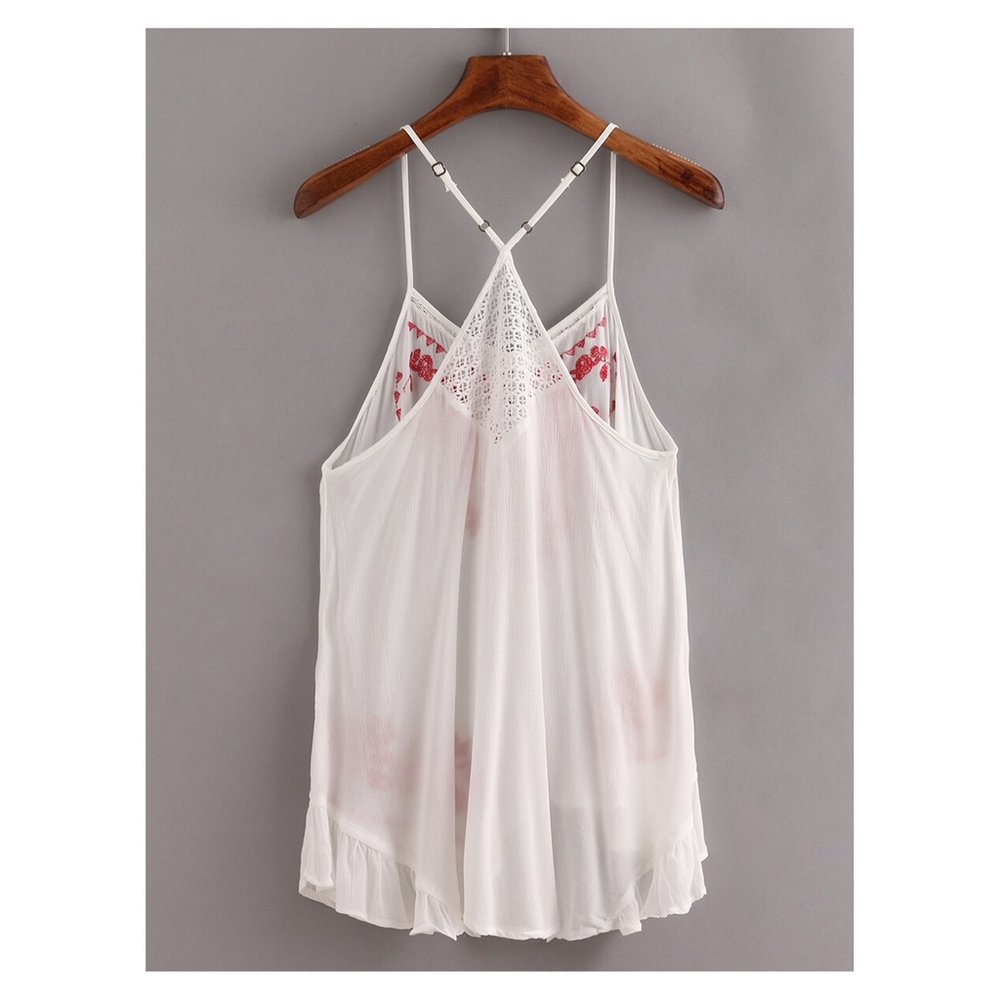 White Red Embroidered Ruffle Cami Top - Picture 4 of 5
